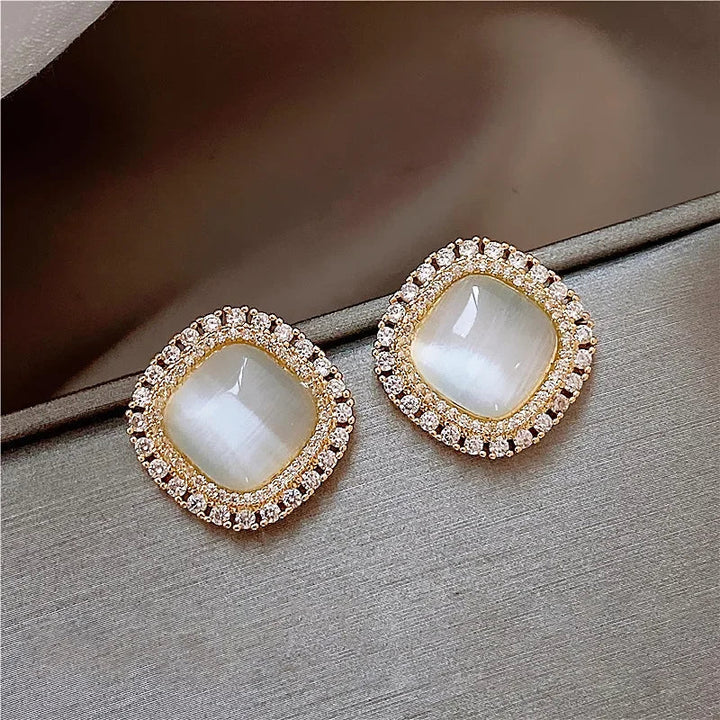 Chic Square Opal and Zirconia Crystal Stud Earrings