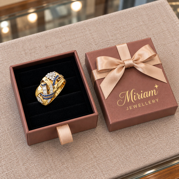 Vintage Gold Blue Zirconia Ring in a Miriam Jewellery gift box