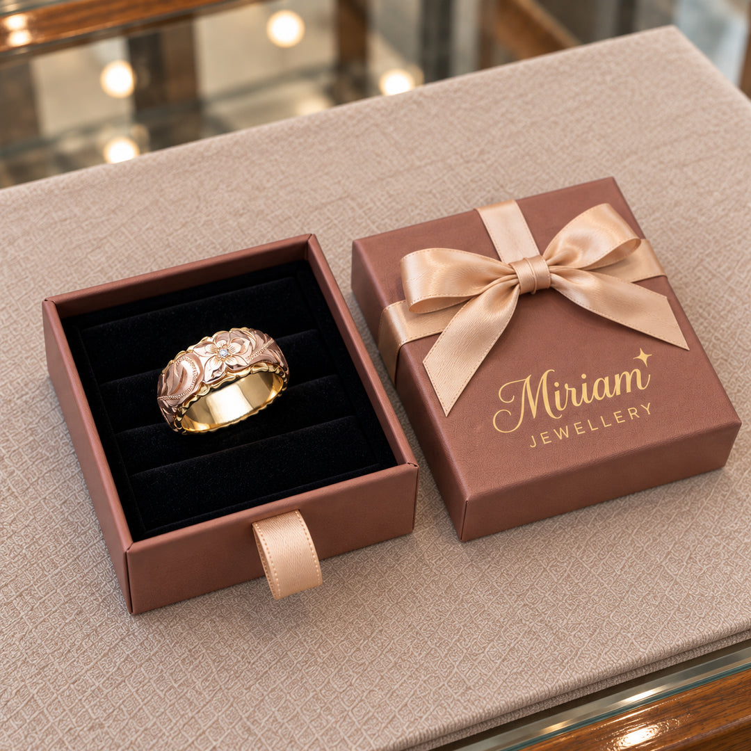 Vintage Rose Flower Gold Ring in a Miriam Jewellery gift box