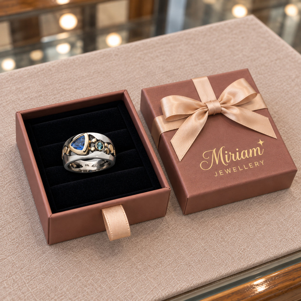 Vintage Blue Crystal Ring in a Miriam Jewellery gift box