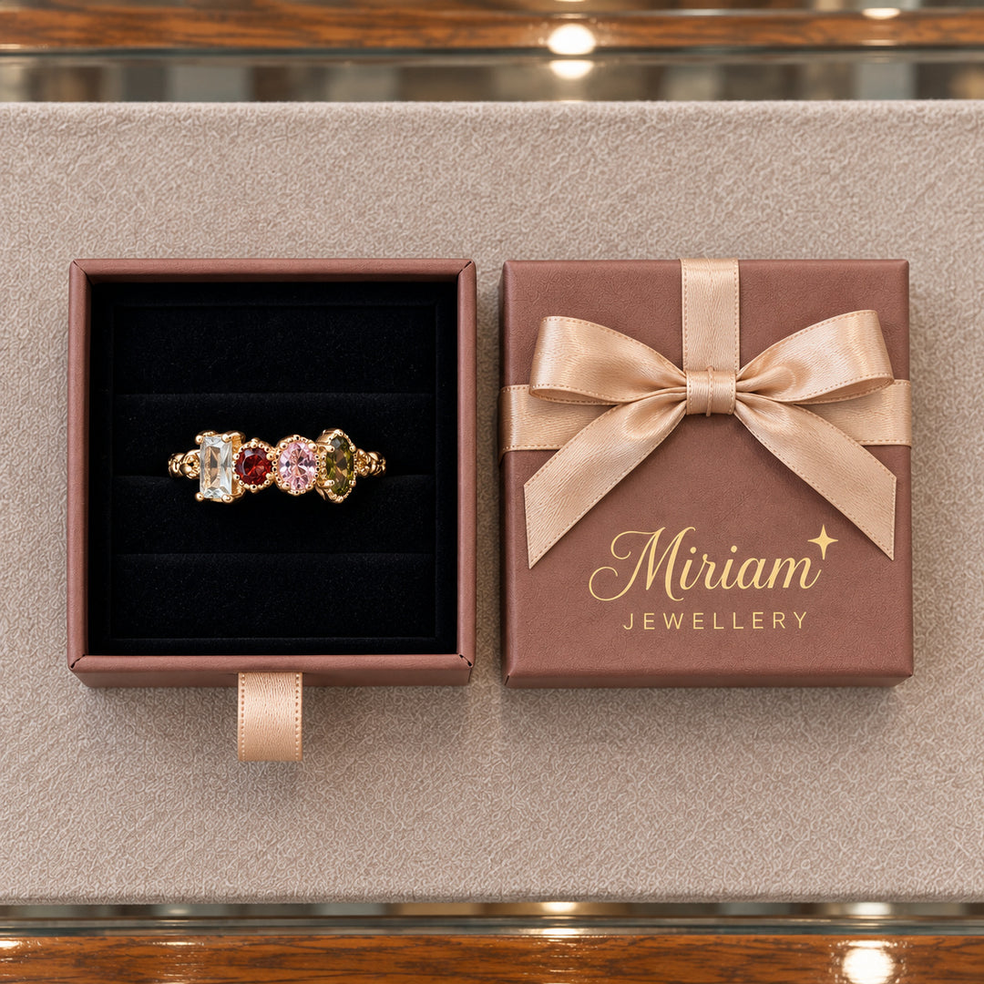 Vintage Colorful Crystals Gold Ring in a Miriam Jewellery gift box