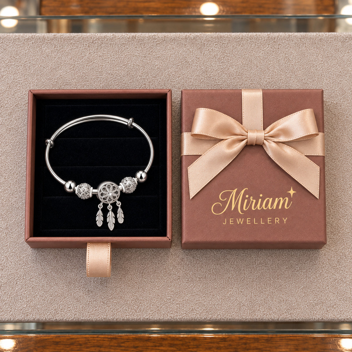 925 Sterling Silver Adjustable Bracelet with Triple Leaf Charms in a Miriam Jewellery gift box