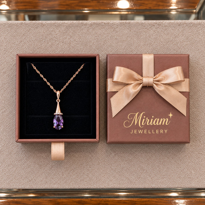 Elegant Purple Crystal Drop Necklace in a Miriam Jewellery gift box