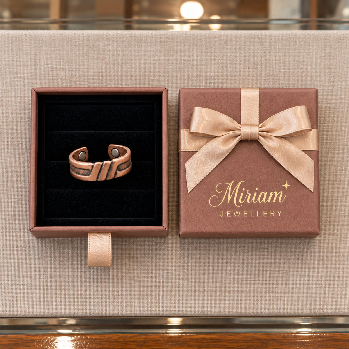 Miriam's Peat Copper Ring in a Miriam Jewellery gift box